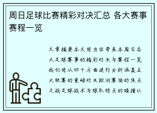 周日足球比赛精彩对决汇总 各大赛事赛程一览