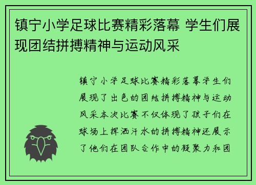 镇宁小学足球比赛精彩落幕 学生们展现团结拼搏精神与运动风采
