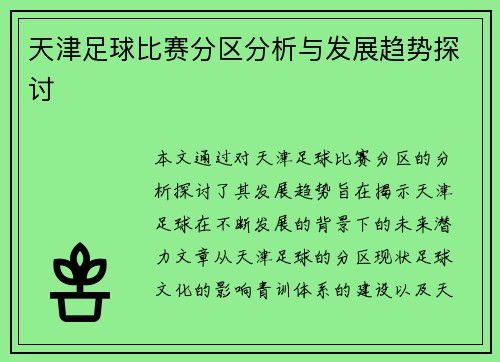 天津足球比赛分区分析与发展趋势探讨