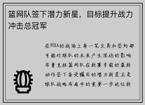 篮网队签下潜力新星，目标提升战力冲击总冠军
