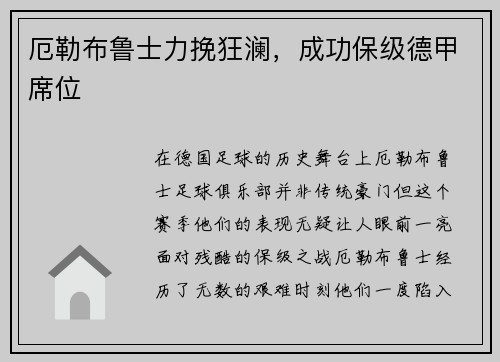 厄勒布鲁士力挽狂澜，成功保级德甲席位