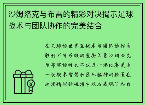 沙姆洛克与布雷的精彩对决揭示足球战术与团队协作的完美结合