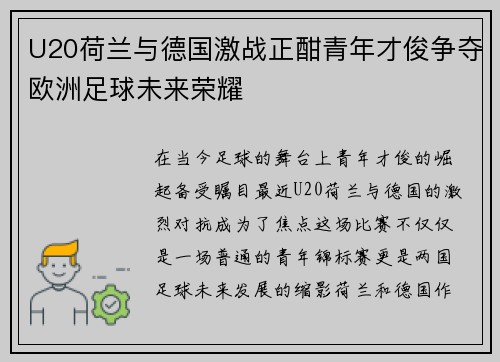 U20荷兰与德国激战正酣青年才俊争夺欧洲足球未来荣耀