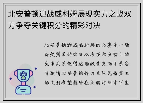 北安普顿迎战威科姆展现实力之战双方争夺关键积分的精彩对决
