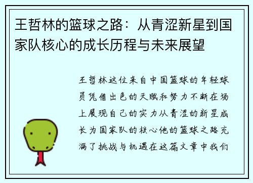 王哲林的篮球之路：从青涩新星到国家队核心的成长历程与未来展望