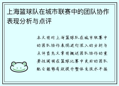 上海篮球队在城市联赛中的团队协作表现分析与点评
