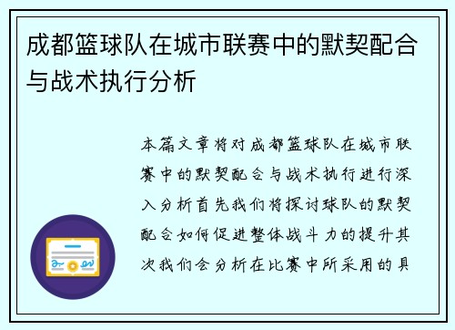 成都篮球队在城市联赛中的默契配合与战术执行分析